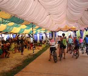Cycling through a wedding tent in Siem Reap