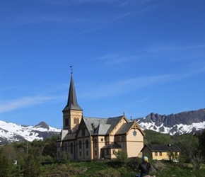 Colin passes church in Kabelvag