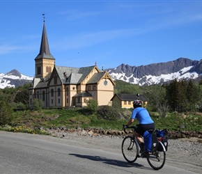 Linda Tomalin passes church in Kabelvag