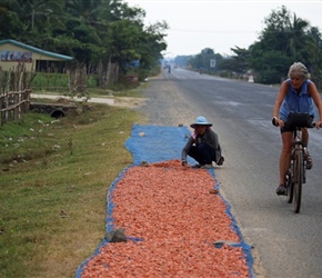 Valerie and prawn drying on Road to Sihanoukville, Cambodia