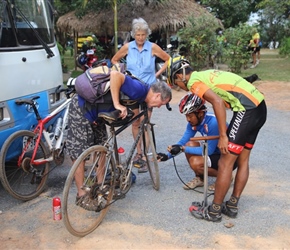 Inflating tyres at Kampot