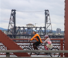 Tandem crossing the Broadway Bridge where there was a cycle path either side