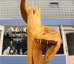 Created with a chainsaw, this crocodile carving adorned the pavement in Reedsport