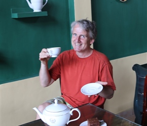 Neil taking tea at Mackwoods Tea plantation