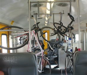 Bicycles hanging in first class on the train from Cape Town to Simon's Town