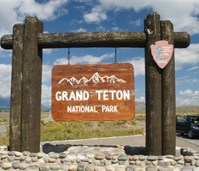 Official Grand Teton entrance sign. National Park Logo top right