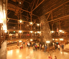 Built in 1903-1904 with local logs and stone, the Inn is considered the largest log structure in the world. The towering lobby features a massive stone fireplace and a hand-crafted clock made of copper, wood and wrought iron serving as focal points.