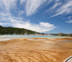 The Grand Prismatic Spring in Yellowstone National Park is the largest hot spring in the United States, and the third largest in the world, after Frying Pan Lake in New Zealand and Boiling Lake in Dominica. It is located in the Midway Geyser Basin.