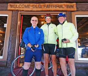 Phil, Carel and Malc outside the Old Faithful Inn