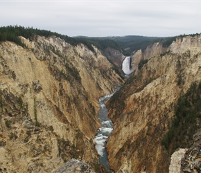The Grand Canyon of the Yellowstone River expresses the park's complex geologic history in dramatic colors and shapes. Puffs of steam mark hydrothermal features in the canyon's walls. The Upper and Lower Falls of the Yellowstone River add to the gran