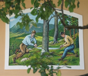 Woodcutter wall mural at Rudno