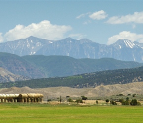 Hay bales and mountains looking east