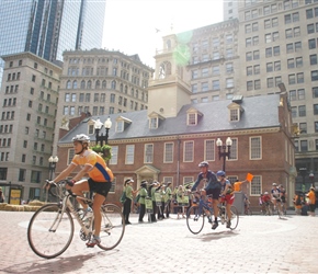 Finishing the ride in front of the Old State House. The 12-mile Downtown Route is extremely popular, as the streets are shut down to automobile traffic for the event. The Emerald Necklace Route is 45 miles in length and winds along Storrow Drive and 