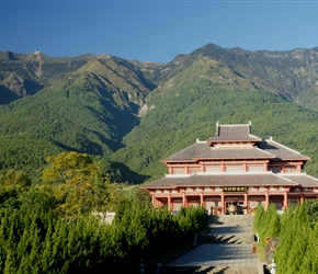 Temple and mountains