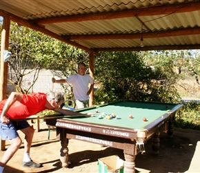 Snooker is popular in China, and this one was by the roadside, so Emrys thought we'd have a game of pool