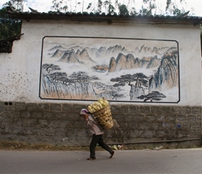 Wall painting and lady with basket