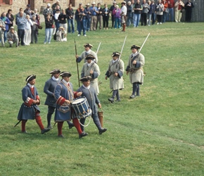 Soldiers with drums and muskets at the re-enactment