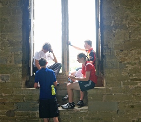 Dan, Sam, Jonathan and Sarah inside the Great Hall at Stokesay Castle