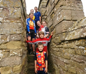 Sam, Ieuan, Jonathan, Sarah, Jenny, Christopher and Finlay on the tower at Stokesay Castle