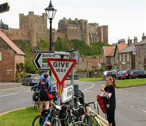 Flora with the locked bikes at Bamburgh