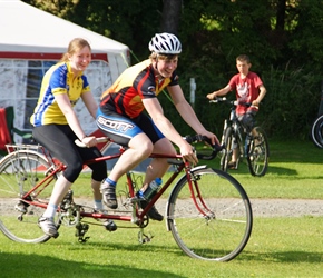 Jonathan and Sarah Mitchell try out our Longstaff tandem at the campsite