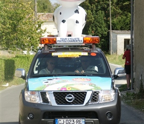 We tripped over a professional race coming through. Here the Charente Maritine Cow signals its arrival