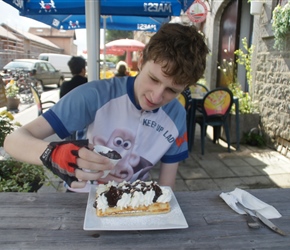 James decorates his well deserved waffle at Hanois