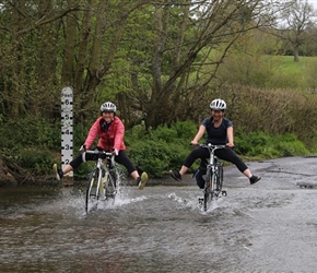 Ruby and Kate Evans through ford in Clun