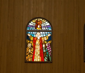 Simple stained glass window in the recently restored church at Mount Nebo