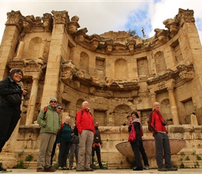 By the Nymphaeum. The main ornamental fountain in Jerash dedicated to the Nymphs