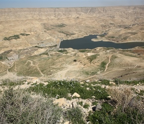 Half way up the climb, a view over Wadi Mujib dam and reservoir