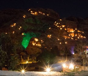 Night time lighting at Little Petra Bedouin Camp. We slept in the tents on the right. The lights are placed in recesses in the sandstone cliffs. Comfortable but they did rock a bit in the night