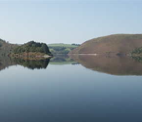 Clywedog Reservoir from the dam. A man made reservoir, the dam was built between 1965-67 to regulate the flow of water in the Severn, both as a protection against flooding of the upper sections of the ri