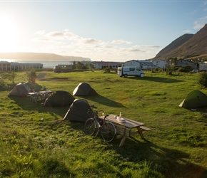 Campsite at Patreksfjörður. You paid in the pizza place/restaurant and pitched above. Indoor kitchen, washing machine but no shower. It was very windy overnight