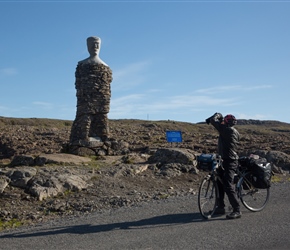 At the top of the climb, Steve pictures the interesting statue guarding by the road, namely the Kleifakarlinn (Kleifabúi). It was built by the road workers who built the first road through the pass Kleifaheiði in 1947. 