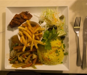 We returned a meal at the Kings Hotel in Negombo. This meal was pretty typical of what you can get as a Western Tourist. We wanted curries, they want to please and give chips. I guess Westerners have prouced this attitude.