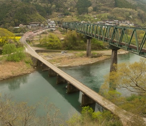 Railway and Collapsable bridge crosses the Shimanto River