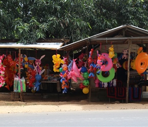 Plastic inflatable shop in Embilipitiya. Typical of stalls in Sri Lanka that concentrate on  one thing and then frequently in groups
