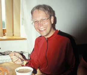 Emil with a tasty bowl of offal soup