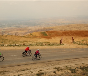 Mount Nebo marked the start of a long descent to the Dead Sea, Tim, Laurinda and Mel descend